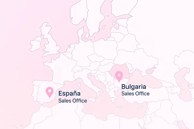 Sales-offices-Topdermal-2 Hartă a Europei cu două marcaje, unul în Spania și altul în Bulgaria, cu birourile de vânzări ale TopDermal